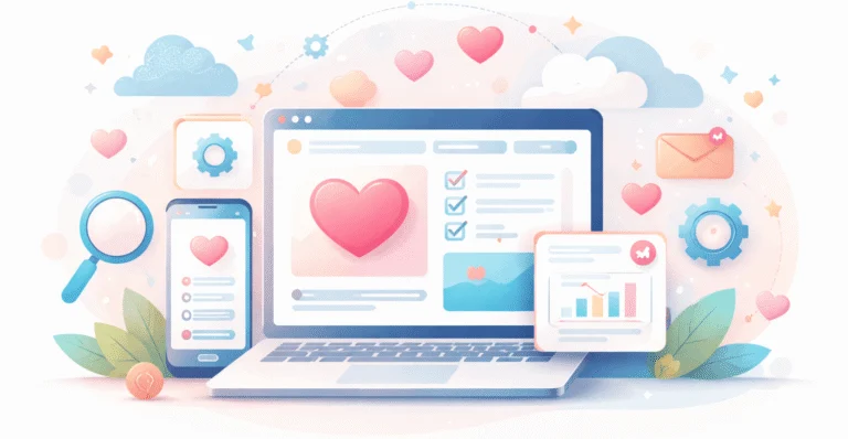 Illustration of a laptop, phone and tablet surrounded by hearts and checklists