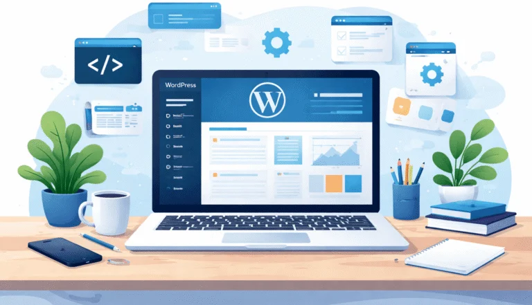Illustration of a laptop showing the WordPress dashboard on a tidy desk