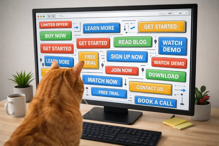 Cat watching a monitor crowded with competing call-to-action buttons