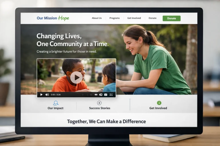 Monitor showing a nonprofit website with the headline Changing Lives, One Community at a Time