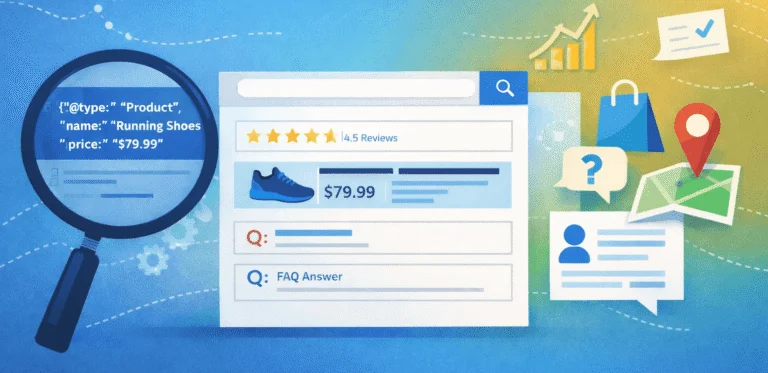 Illustration of schema markup, with product structured data beside a search result showing stars and a price