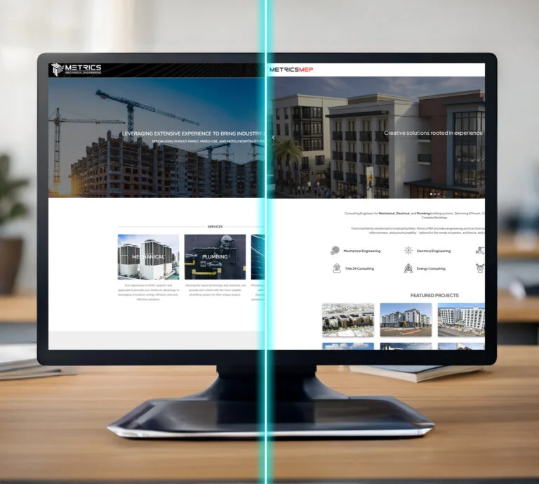 Monitor split down the middle between an old homepage and its redesigned replacement
