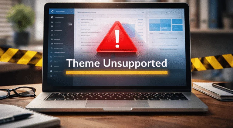 Laptop showing a red warning reading Theme Unsupported