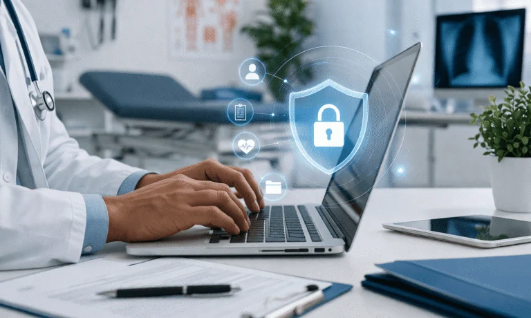 Clinician typing on a laptop with a padlock shield and patient record icons floating above it