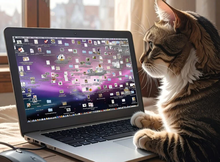 Cat sitting beside a laptop whose desktop is buried under icons