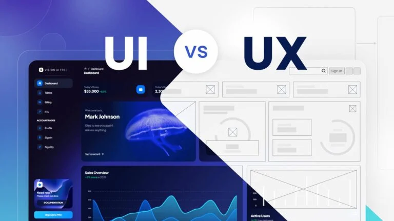 Split graphic labeled UI versus UX, a finished app interface on one side and a wireframe on the other