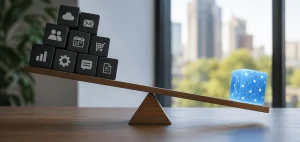 A stack of black app icon blocks on one end of a wooden seesaw, outweighed by a single glowing blue network cube on the other