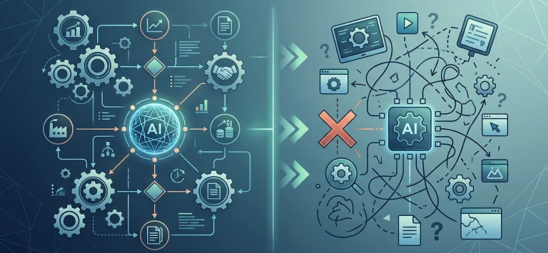 Split illustration: an orderly flow of gears and arrows around an AI core on the left, tangled connections and question marks around an AI chip on the right