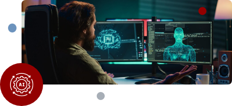 A developer at two monitors, one showing an AI chip graphic and the other code beside a digital human figure