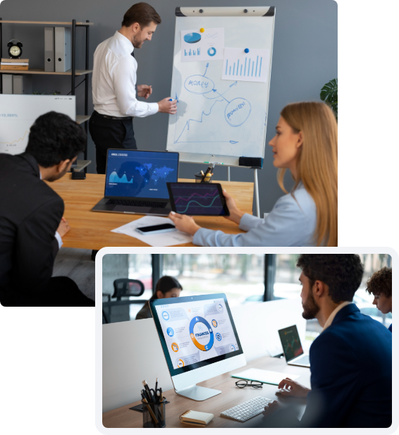 A team reviewing charts at a whiteboard, with an inset of a colleague looking at a dashboard on a monitor