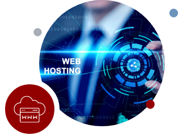 Circular graphic reading Web Hosting over a server and binary background