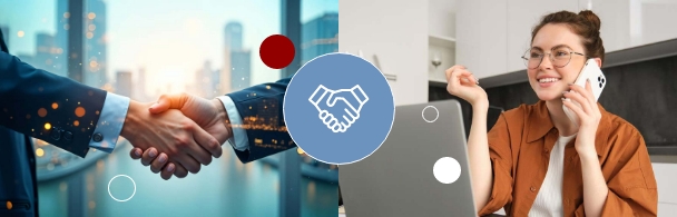 A handshake beside a woman taking a call at her desk