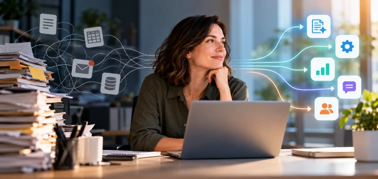 Woman at a laptop beside a tall stack of paperwork, tangled gray document icons behind her on one side and tidy colored arrows leading to app icons on the other