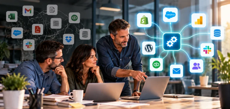 Three coworkers around two laptops, a scattered cluster of business app icons on one side and the same icons linked to a central gear hub on the other