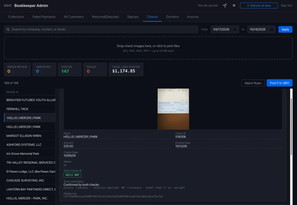 Bookkeeper Checks tab with sample data: a drop zone for check photos, posting totals, and a scanned check with the payor, amount, check number and matched invoice read from it.