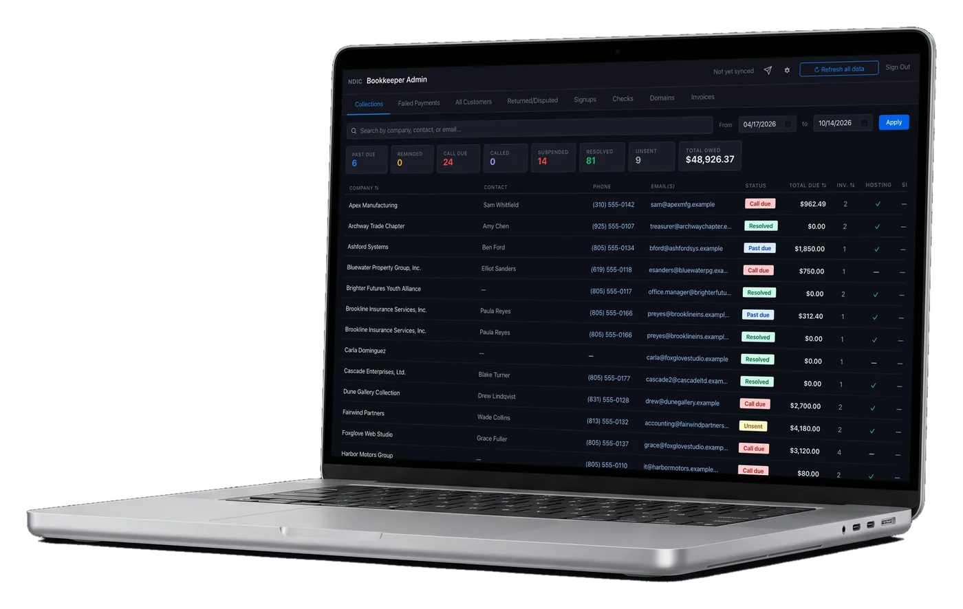 Bookkeeper Collections tab on a laptop, with sample data.