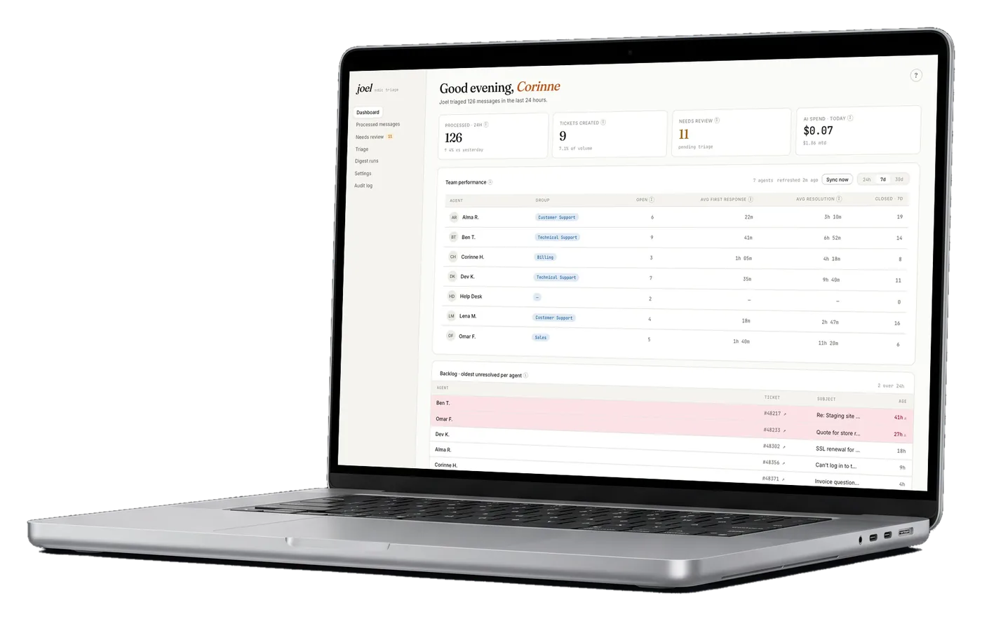 Joel dashboard on a laptop, with sample data.