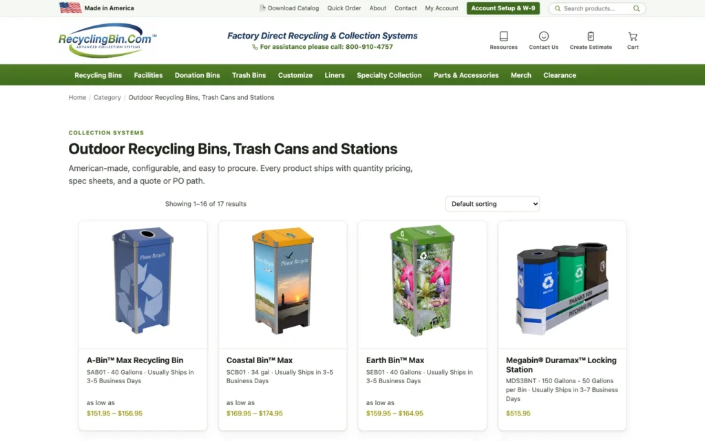 RecyclingBin.com category page for outdoor recycling bins, trash cans and stations, with product cards showing capacity, shipping time and as-low-as prices.