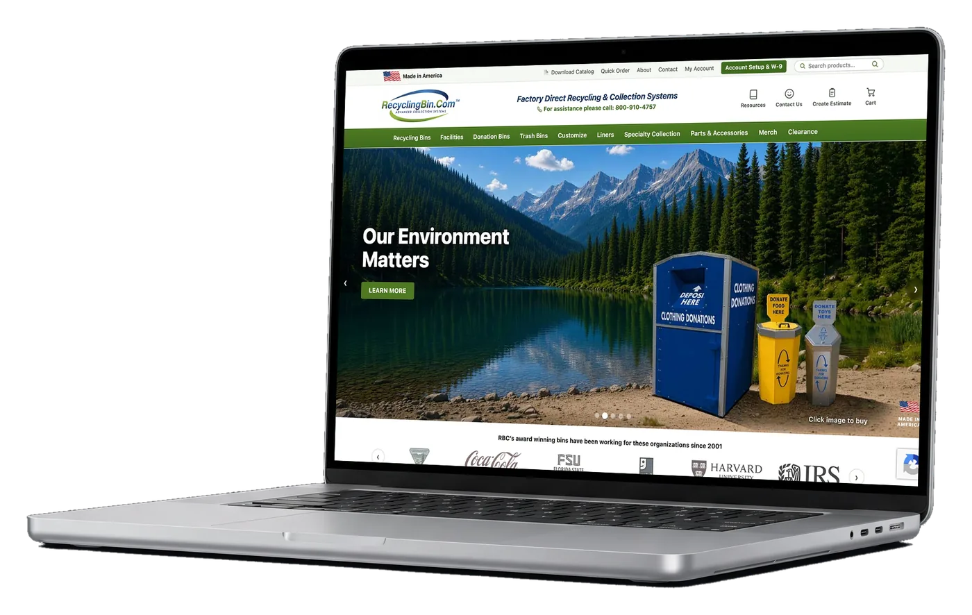 RecyclingBin.com home page on a laptop.