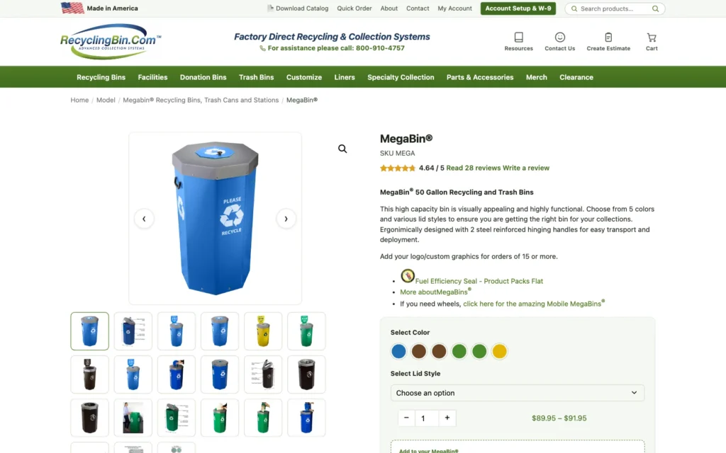 RecyclingBin.com MegaBin product page with a photo gallery of bin colors, a 4.64 star rating with a link to 28 reviews, color swatches and a lid style menu.