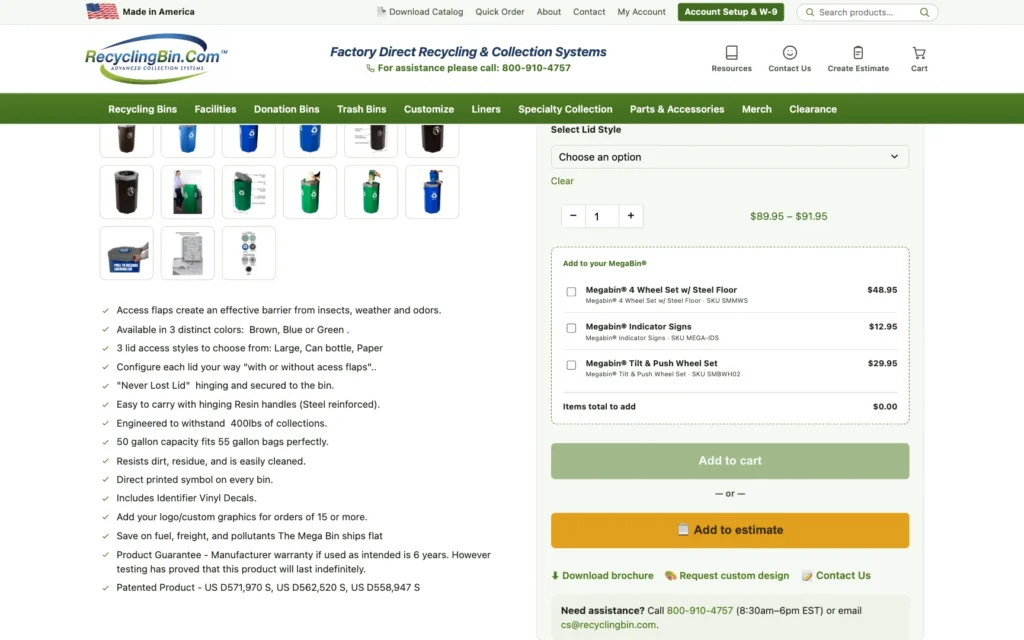 MegaBin add-ons on RecyclingBin.com: a wheel set, indicator signs and a tilt and push wheel set with their prices, above the Add to cart and Add to estimate buttons.